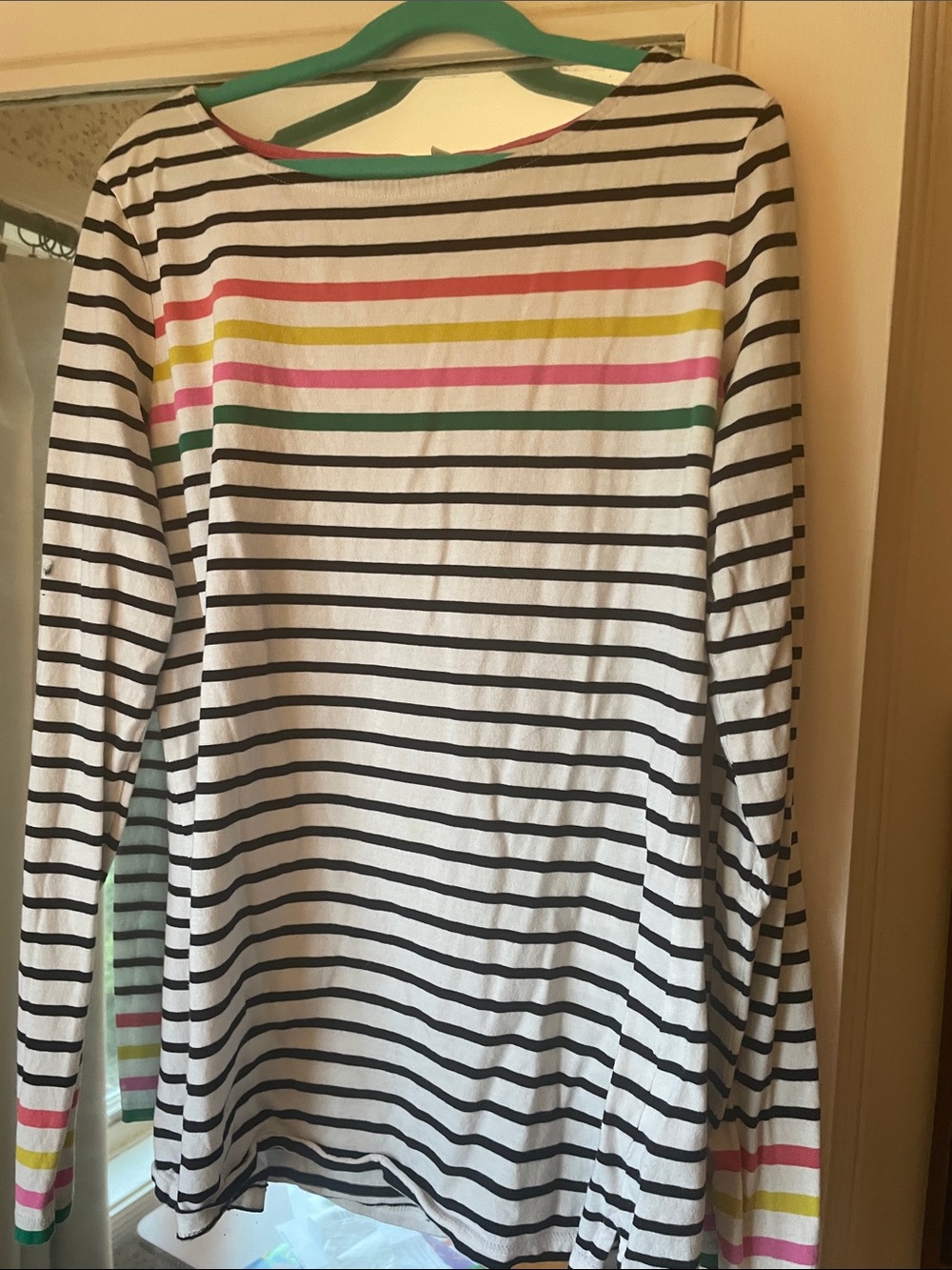 Mini Boden White Black Striped Long-Sleeve Tee with Pink Yellow Green Accents